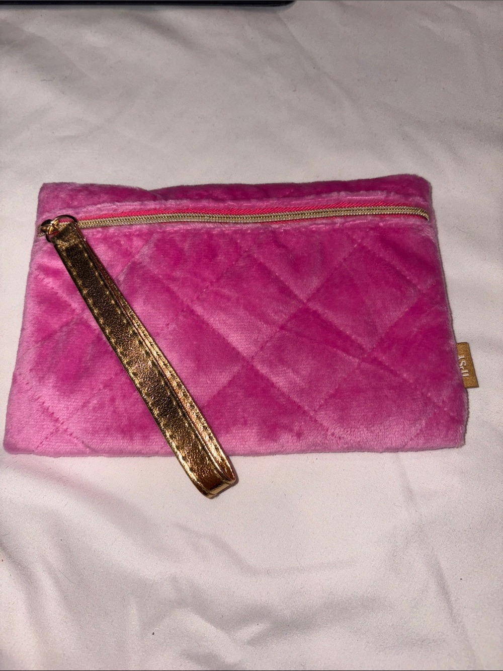 ipsy Hot Pink Quilted Clutch with Gold Wrist Strap